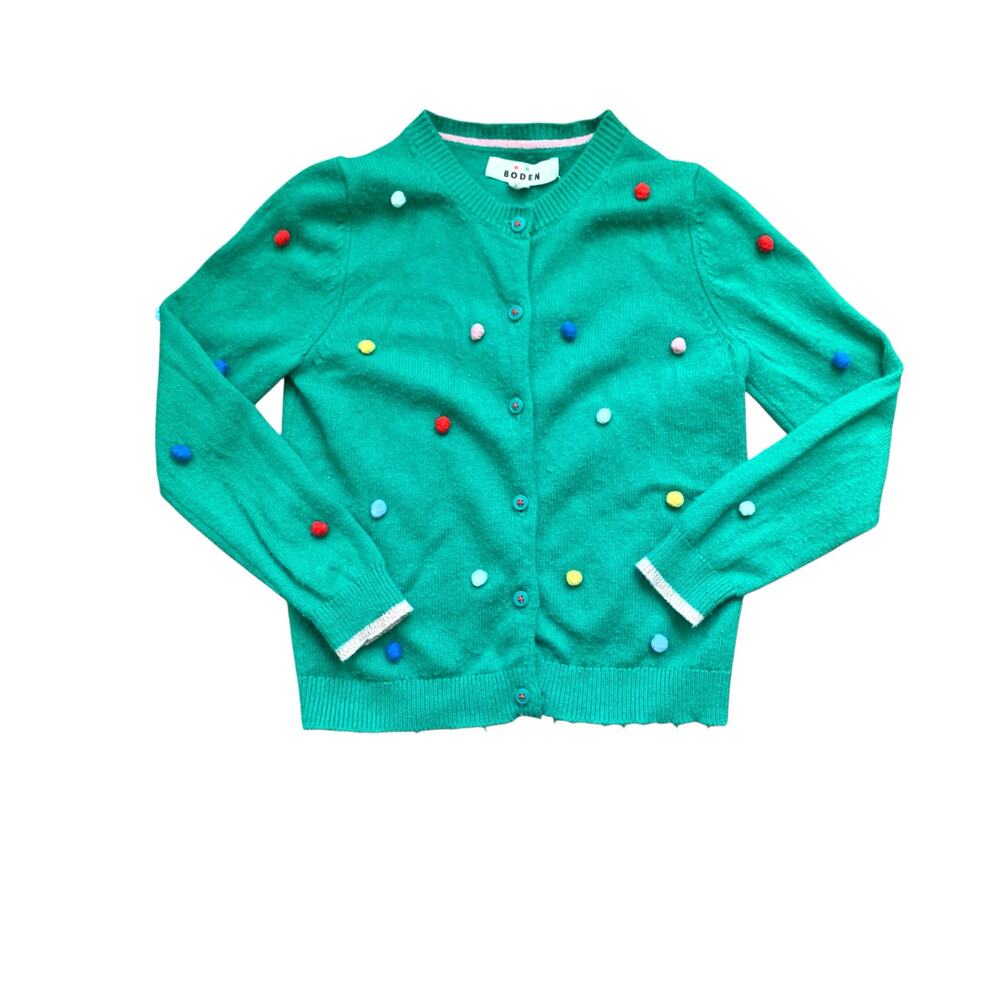 Mini Boden Green Cardigan with Colorful
Pom Poms